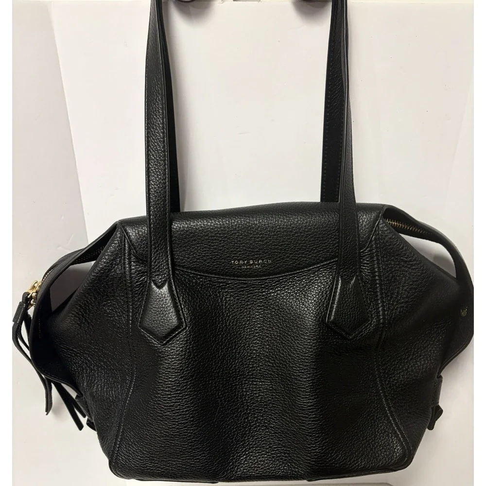 Tory Burch Black Pebbled Leather Large Zip Tote Shoulder Bag Gold Hardware